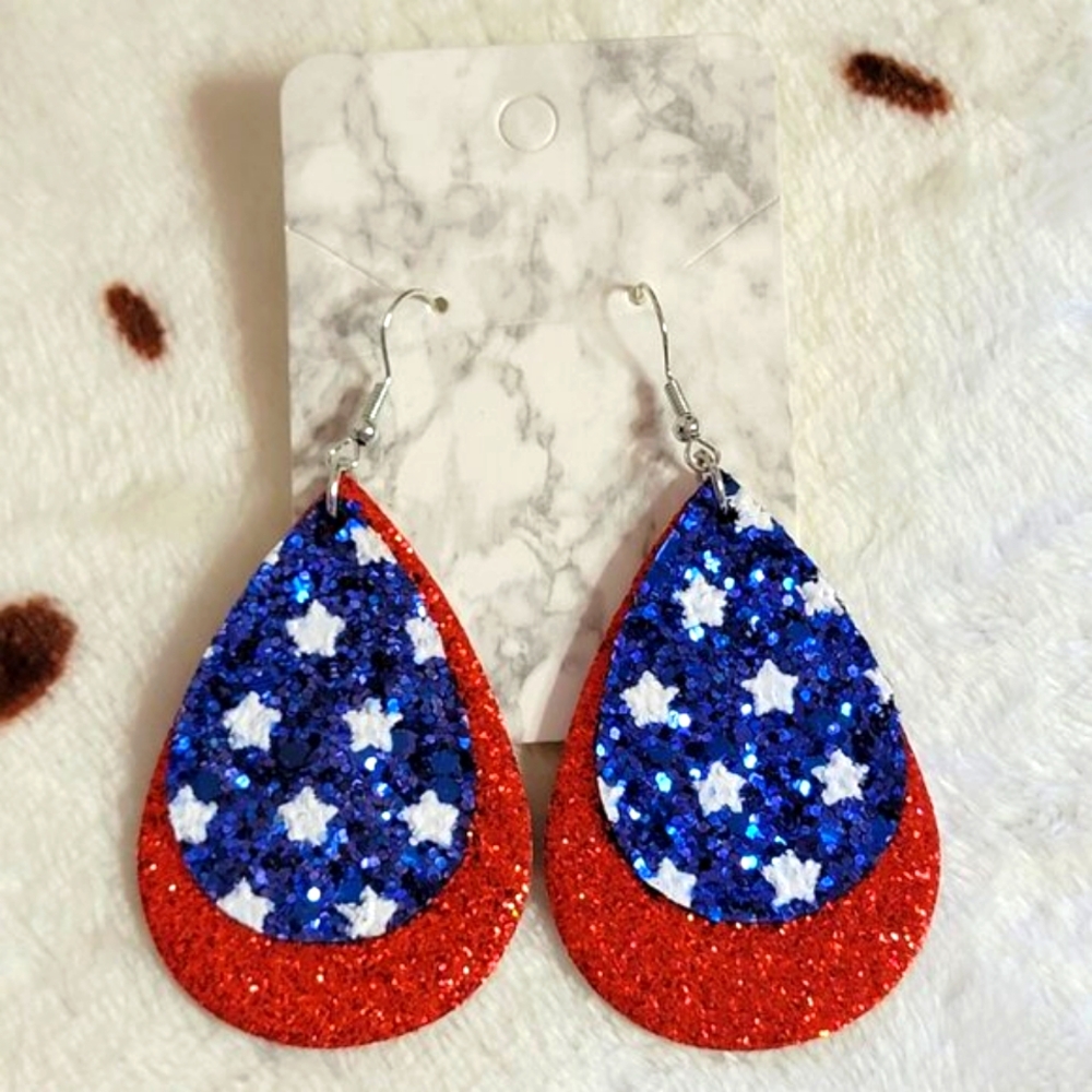 July 4th USA Flag Faux Leather Glitter Dangle Hook Earrings